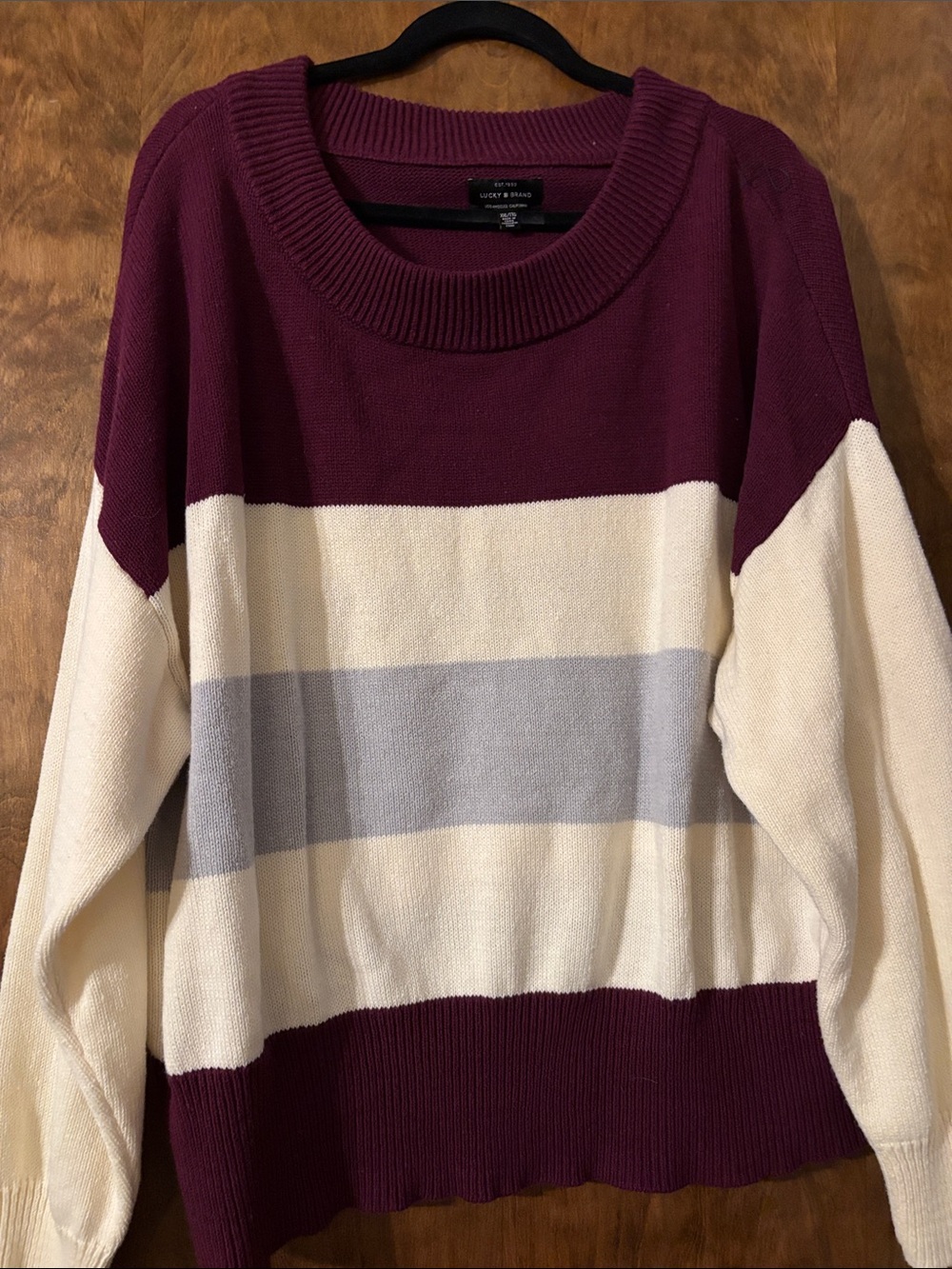 Lucky Brand Striped Crewneck Sweater - Burgundy, Cream & Light Gray